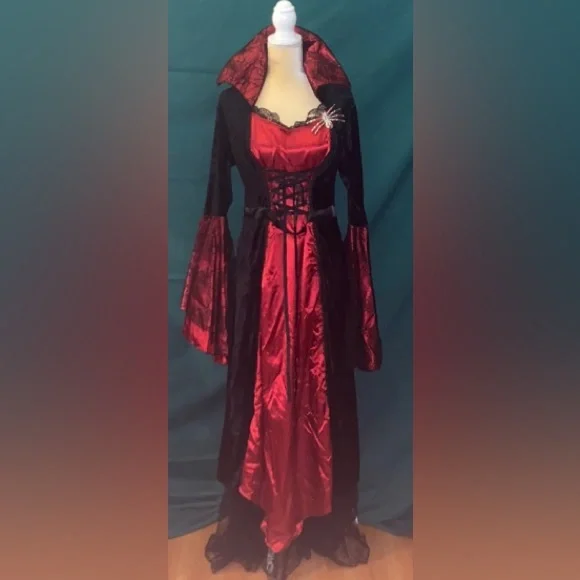 🎃 Halloween Costume Women's Vampiress Long Satin/Lace Dress Web Design Plus Sz - Picture 1 of 7